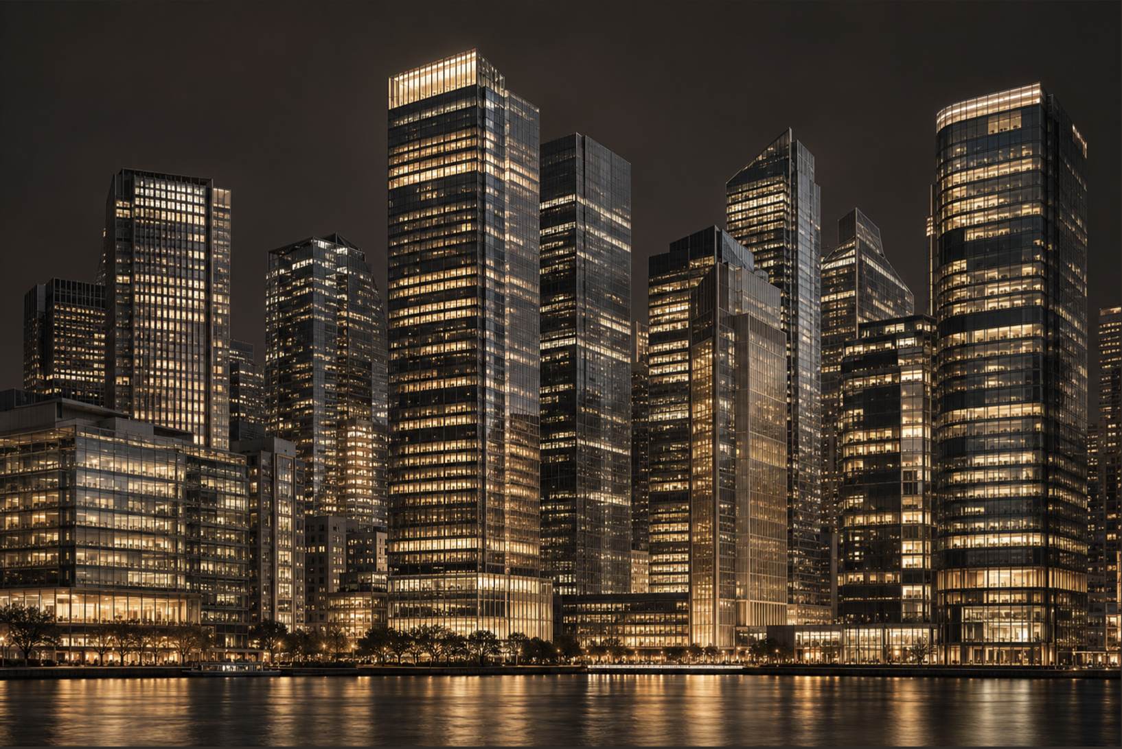 Edifícios com iluminação dourada refletida na água ao anoitecer